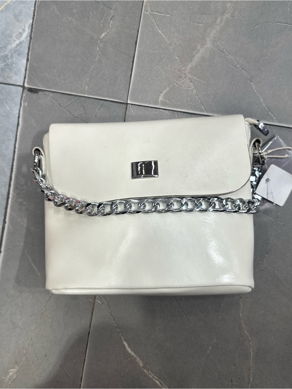 White Leather Crossbody Bag with Silver Chain